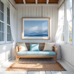 Minimalist Ocean Photography Print, Solitary Fishing Boat Wall Art, Blue Sea Coastal Decor, Calm Horizon Beach House Print, Fine Art Poster