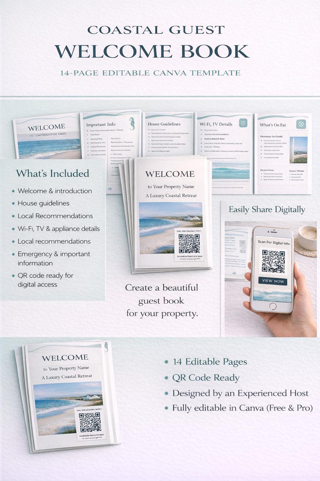 Coastal Luxury Guest Welcome Guide Template | Editable Canva Airbnb ...