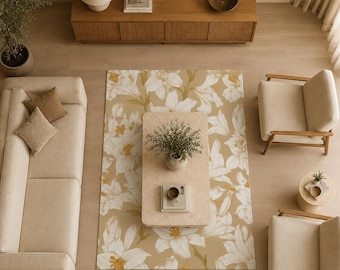 Vintage Lily Floral Area Rug – William Morris Style Botanical Carpet