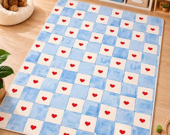 Blue White Checkered Heart Rug, Pastel Cottagecore Nursery Mat, Woven Checker Rug