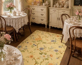 Vintage Floral Area Rug – Yellow Chinoiserie Botanical Carpet for Living Room