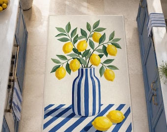 Blue Striped Vase Lemon Kitchen Mat, Italian Amalfi Coast Citrus Fruit Decor Rug