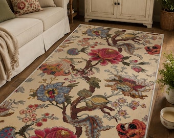 Chinoiserie Floral Area Rug – William Morris Style Botanical Tree Carpet