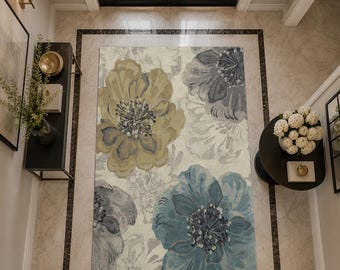 Blue Yellow Floral Area Rug – Watercolor Botanical Carpet, Modern Abstract Flower Mat