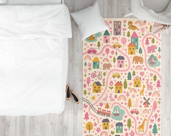 Nursery City Map Rug – Pastel Animals, Roads, Playroom Carpet for Kids