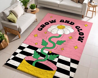 Groovy Daisy Area Rug – Retro Flower Power Smile Carpet, 70s Danish Pastel Decor