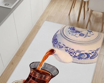 Nostalgic Tea Pot Glass Art Carpet, Traditional Kitchen Decor, Retro Dining Rug