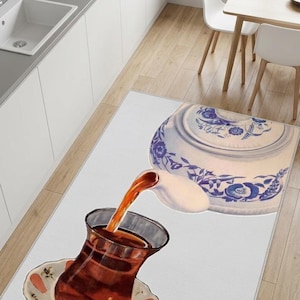 Nostalgic Tea Pot Glass Art Carpet, Traditional Kitchen Decor, Retro Dining Rug