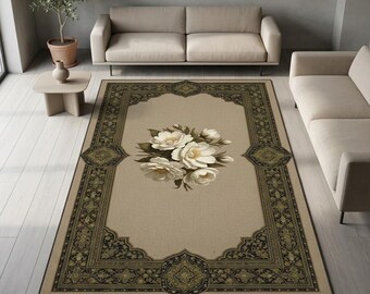 Vintage Floral Medallion Carpet, Classic French Bouquet Boho Floor Mat