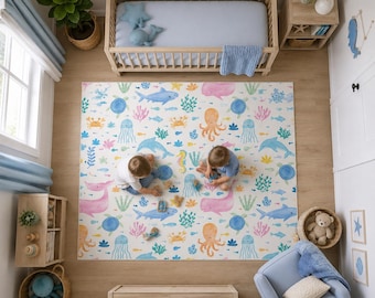 Under the Sea Watercolor Area Rug – Ocean Life Playroom Carpet for Kids