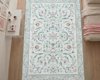 Traditional Floral Area Rug – Mint Green Vintage Medallion Carpet, French Country Chic Floor Mat