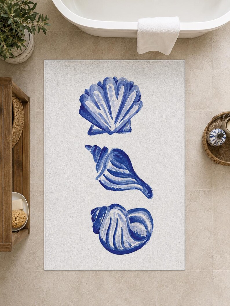 Beach Rug Shell Shape Blue Watercolor Seashell Area Rug, Coastal Beach House Carpet, Nautical ...