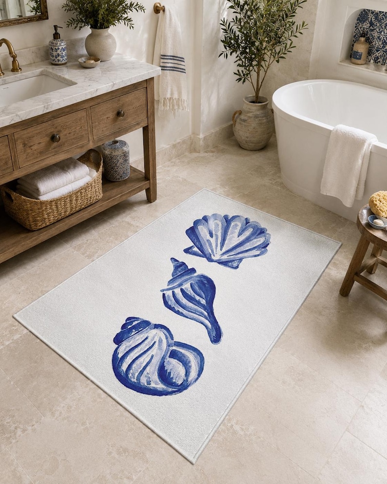 Beach Rug Shell Shape Blue Watercolor Seashell Area Rug, Coastal Beach House Carpet, Nautical ...