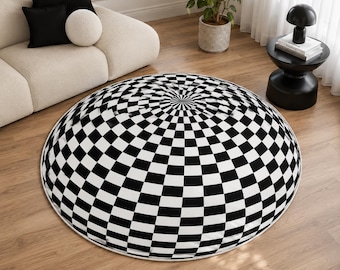 Black and White Checkered Dome Rug, Optical Illusion Round Carpet, Modern Geometric Floor Mat