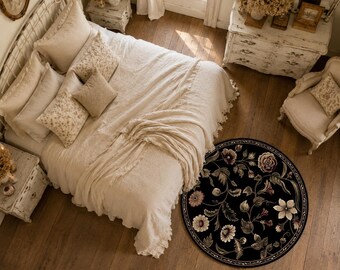 Black Floral Area Rug – Vintage Botanical Medallion Carpet, Traditional Round Dining Room Rug
