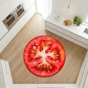 May include: A circular rug depicting a realistic tomato slice, with red and white hues. The rug is positioned on a light brown wooden floor in a kitchen. The design of the rug mimics the cross-section of a tomato, a kitchen accessory.