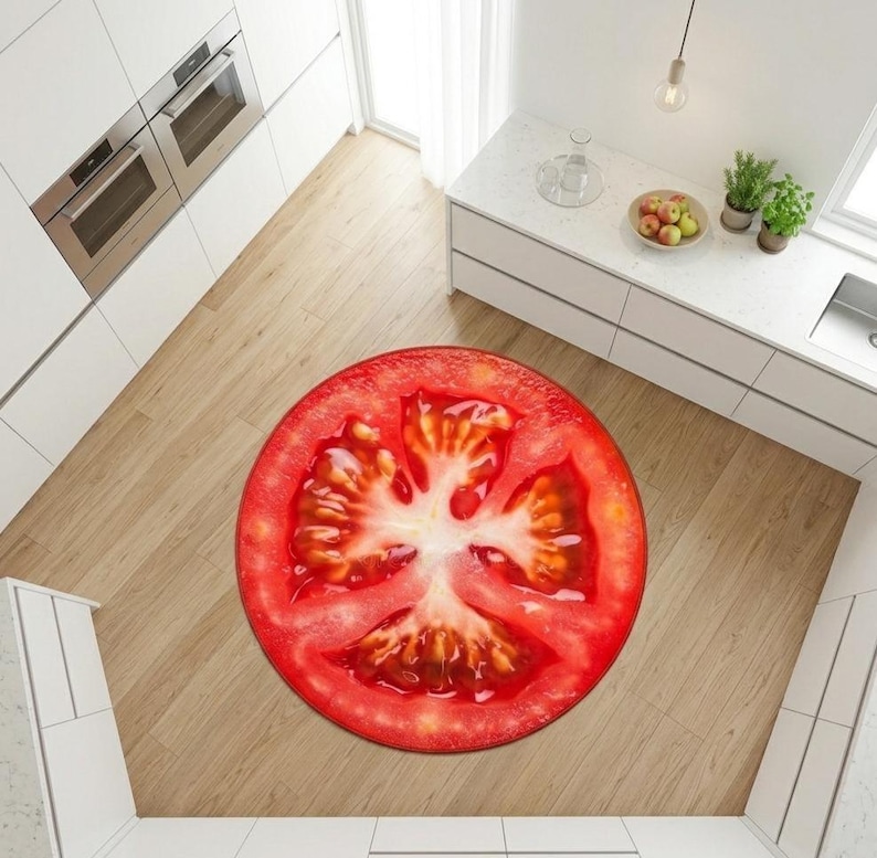 May include: A circular rug depicting a realistic tomato slice, with red and white hues. The rug is positioned on a light brown wooden floor in a kitchen. The design of the rug mimics the cross-section of a tomato, a kitchen accessory.