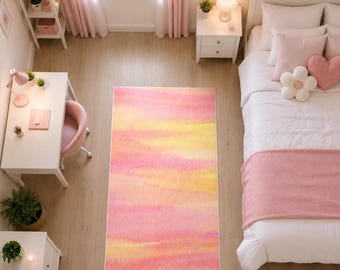 Pastel Watercolor Area Rug – Pink Yellow Ombre Gradient Carpet Nursery, Boho Sunset Playroom Mat