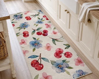 Watercolor Cherry Blossom Area Rug – Cottagecore Fruit Carpet, Nursery Playroom Mat