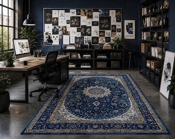 Traditional Medallion Area Rug – Distressed Blue Persian Carpet, Boho Chic Floor Mat
