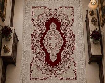 Red Persian Medallion Area Rug – Vintage Oriental Carpet, Traditional Turkish Boho Style Floor Mat