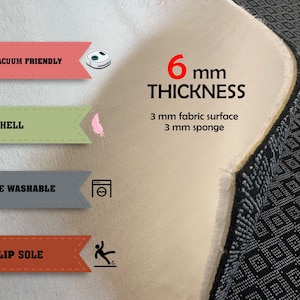 May include: Section of a rug showing a 6 mm thickness, with a 3 mm fabric surface and a 3 mm sponge. Features include: robot vacuum friendly, soft shell, machine washable, and non-slip sole.
