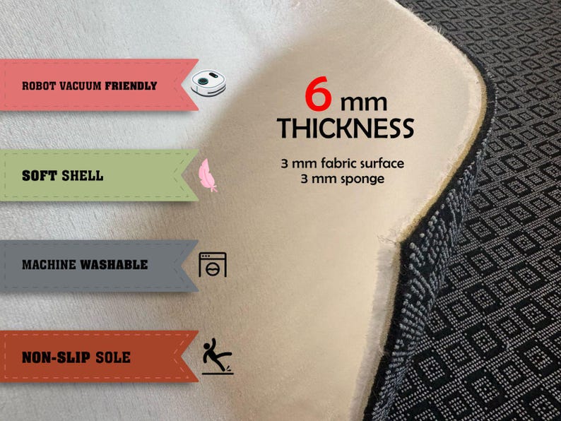 May include: Section of a rug showing a 6 mm thickness, with a 3 mm fabric surface and a 3 mm sponge. Features include: robot vacuum friendly, soft shell, machine washable, and non-slip sole.