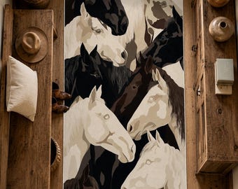 Artistic Horse Herd Rug, Black Cream Stallion Farmhouse Floor Mat