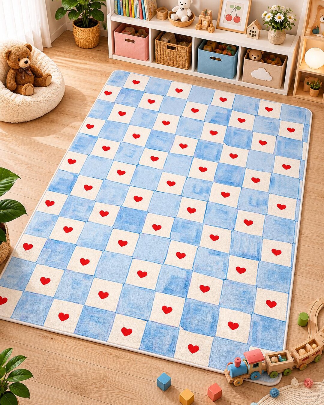 Blue White Checkered Heart Rug, Pastel Cottagecore Nursery Mat, Woven ...