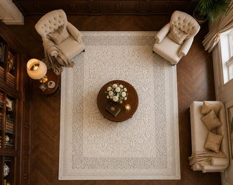 Elegant Damask Area Rug – Off White Vintage Baroque Carpet, Relief Medallion Floor Mat
