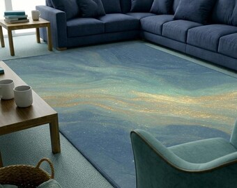 Fluid Alcohol Ink Area Rug, Blue Gold Marble Abstract Carpet, Modern Living Room Mat