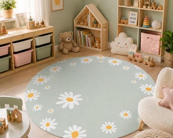 Pastel Mint Green Daisy Floral Area Rug, Round Nursery Carpet, Botanical Playroom Mat