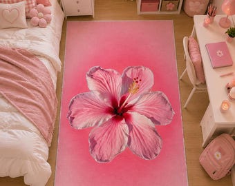Tropical Hibiscus Flower Rug, Pink Botanical Area Carpet, Floral Floor Mat
