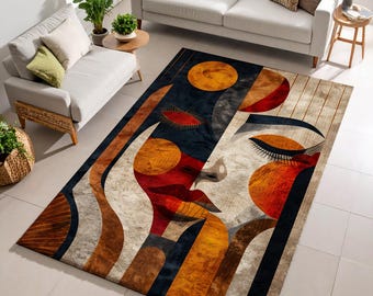 Abstract Face Area Rug, Picasso Style Cubist Art Carpet, Mid Century Boho Floor Mat