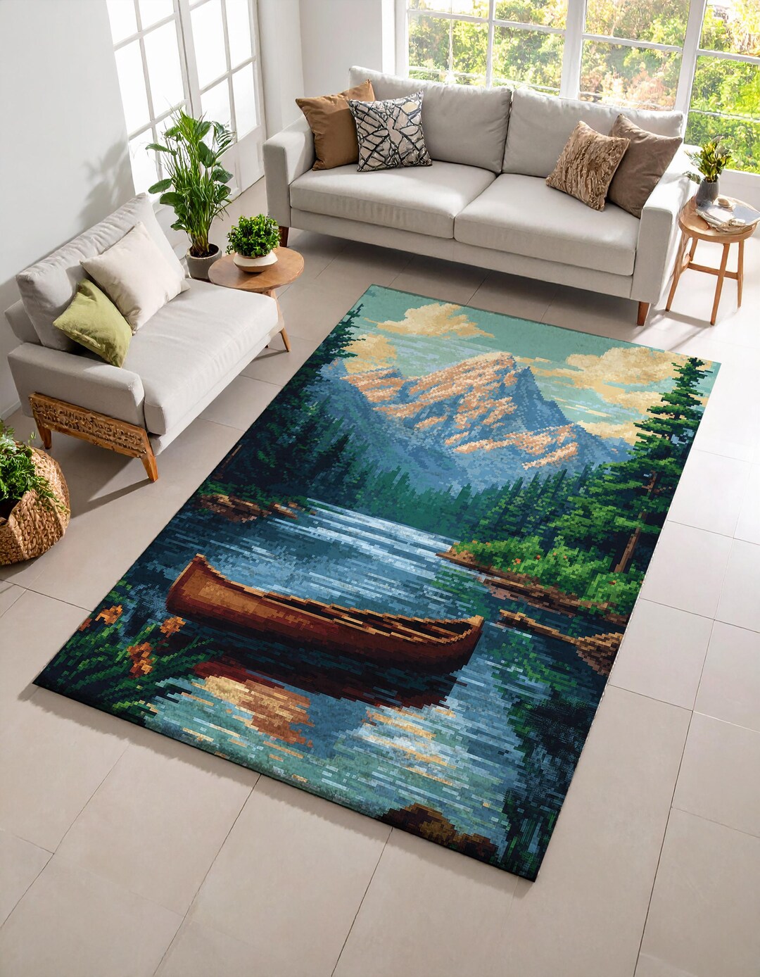 8 Bit Rug Pixel Art Mountain Lake Area Rug – Retro 8-bit Forest Carpet for Gamer ...