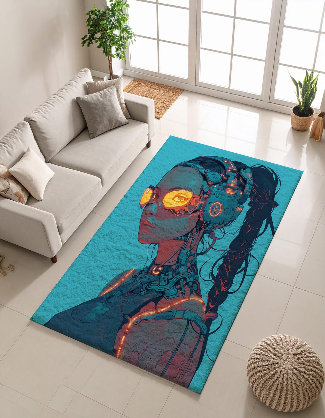Cyperpunk Rug Cyberpunk Cyborg Portrait Area Rug – Neon Sci-fi Mecha Anime Carpet for ...