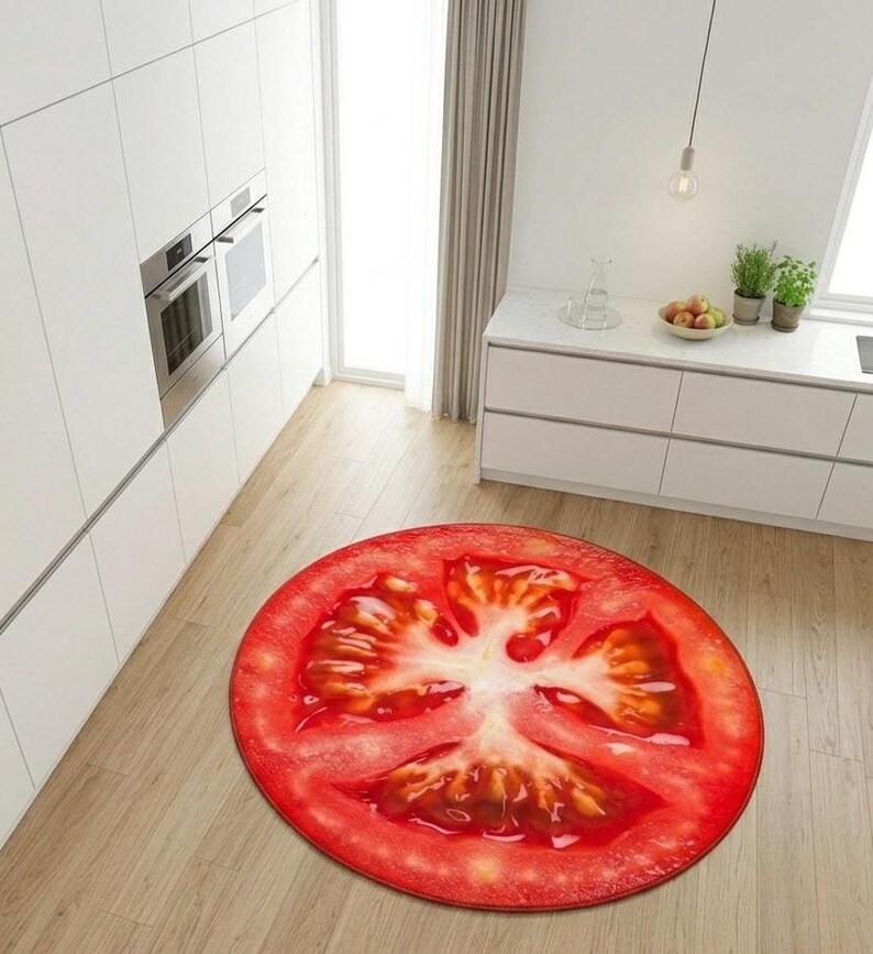 May include: A circular rug featuring a detailed depiction of a tomato slice. The rug's design showcases red, white, and yellow hues, mimicking the internal structure of a tomato. It's positioned on a light wooden floor in a kitchen environment.