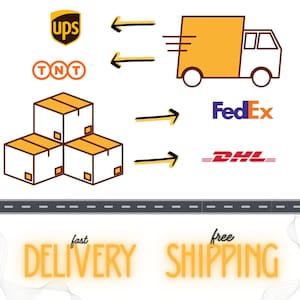 May include: An illustration featuring a delivery truck, boxes, and logos for UPS, TNT, FedEx, and DHL. Arrows indicate delivery routes. The words "fast delivery" and "free shipping" are displayed in a stylized font.