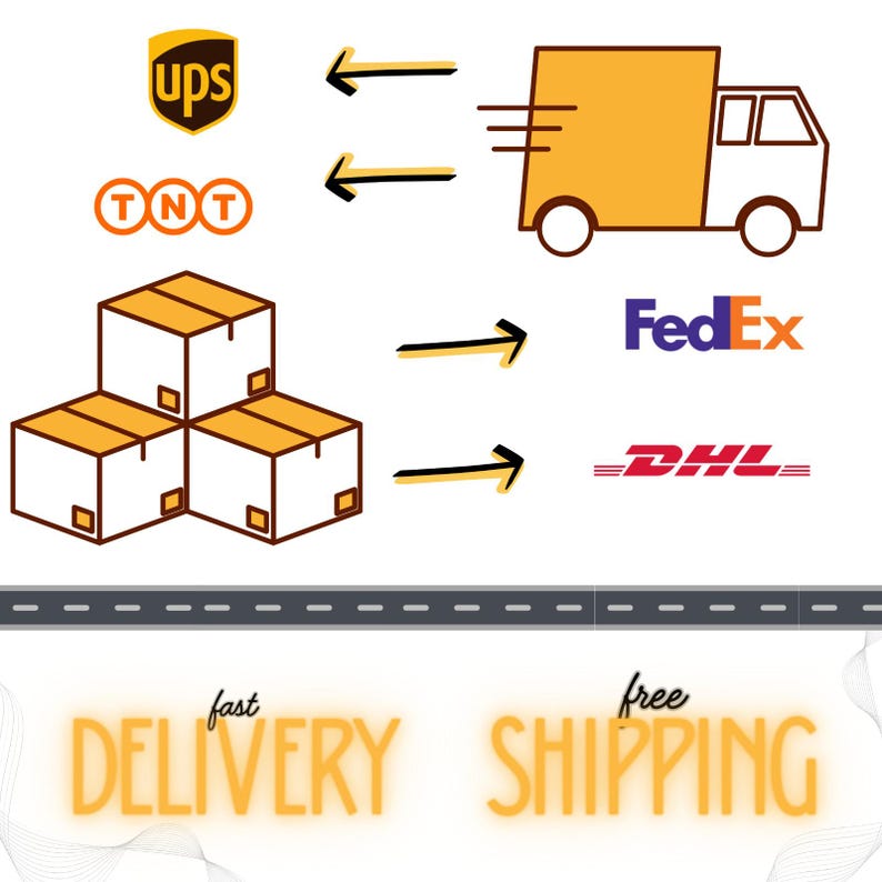 May include: An illustration featuring a delivery truck, boxes, and logos for UPS, TNT, FedEx, and DHL. Arrows indicate delivery routes. The words "fast delivery" and "free shipping" are displayed in a stylized font.