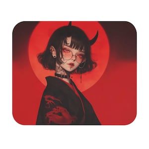 May include: A digital illustration of a character with black hair, red eyes, and small horns. The character wears round glasses, a black choker, and a black kimono with a red dragon design. The background features a large red circle.