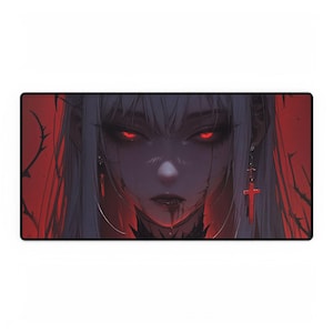 May include: A rectangular mouse mat with a digital illustration of a pale anime character with white hair and red eyes. The character has a cross earring and is set against a red background with dark, thorny branches.