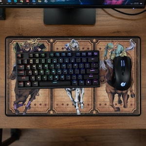 May include: A rectangular gaming mousepad with a keyboard and mouse. The mousepad features a brown and beige design with illustrations of characters on horseback. A black keyboard and mouse are on top of the mousepad.