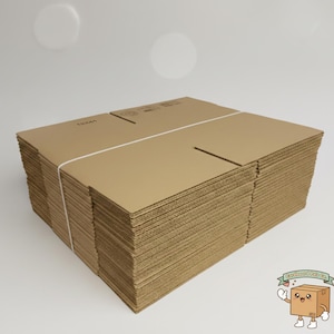 May include: A stack of new, unfolded cardboard boxes, secured with white twine. The boxes are a light brown color and have a corrugated texture. The image is taken on a white background. The boxes are from Cardboard Pals Co.