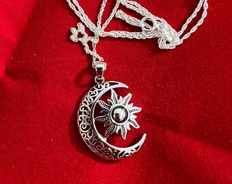 Celestial Pendant Necklace Vintage, 925, Sterling Silver, Filigree Necklace Half Moon and Star Jewelry