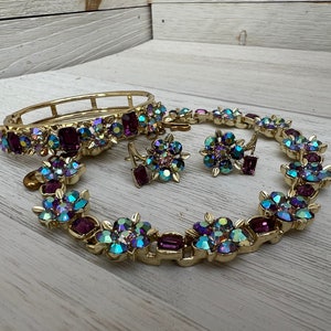 Lisner Jewelry Set Heliotrope, Parure Set, Lisner Necklace, Bracelet, Rhinestone Earrings, Choker Necklace Adjustable, Bridal Set