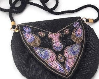 Torebka z koralikami w kolorze różowo-fioletowym z lat 80. Torebka z koralikami, wieczorowa torebka na ślub, torebki z koralikami, czarne wieczorowe torebki w stylu art déco dla kobiet