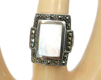 Sterling Marcasite Ring of Mother of Pearl Ring MOP Antique Ring Sterling Silver Size 6 Vintage Jewelry Gifts For Her Gi