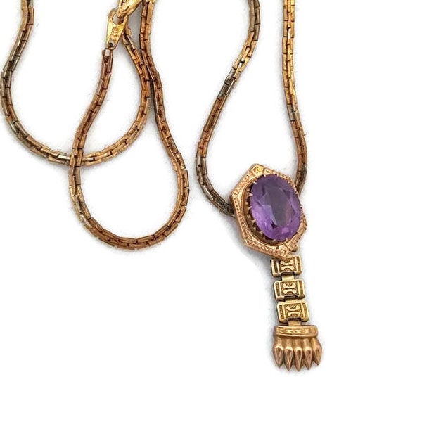 Victorian Rose Gold Charm Necklace Faux Amethyst Ornate Fob Necklace, 1800s Jewelry, Unique Vintage Gifts For Her, Slide Charm Necklace