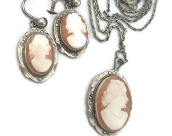 Kameosmyckeset, sterlingsilver, art déco, markasit, snäckskal, kameohalsband, 1920-tal, kameoörhängen, kameosmycken, antik kameo