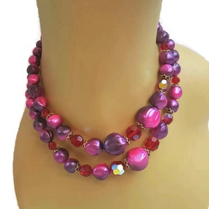 Pink Beaded Choker Necklace Vintage, Layered Necklace Multistring Necklace Pink Beads 60s Jewelry, Collier, Bubble Necklaces, Women